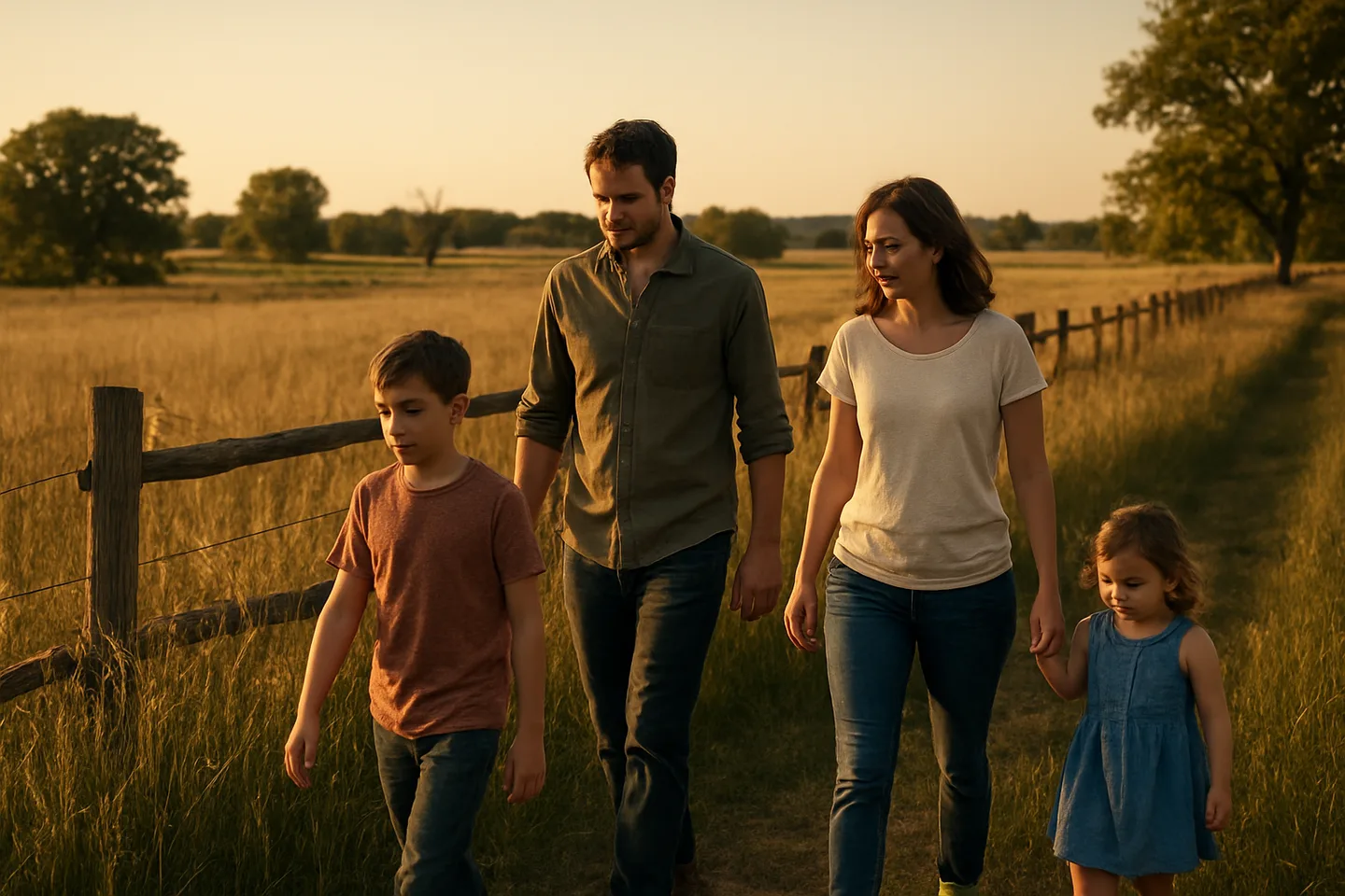 Family walking along inherited rural property