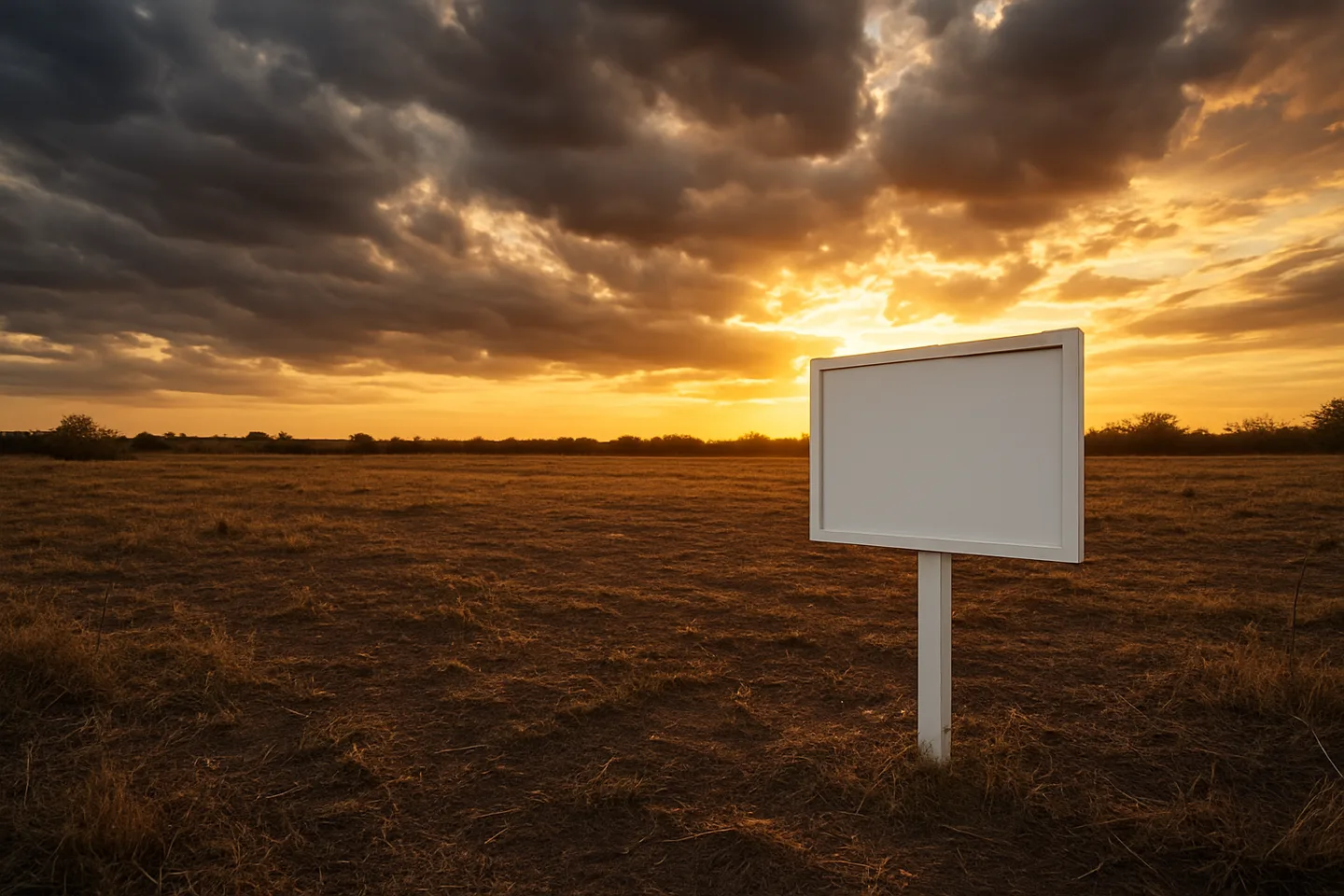 Vacant land parcel with real estate sign at golden hour