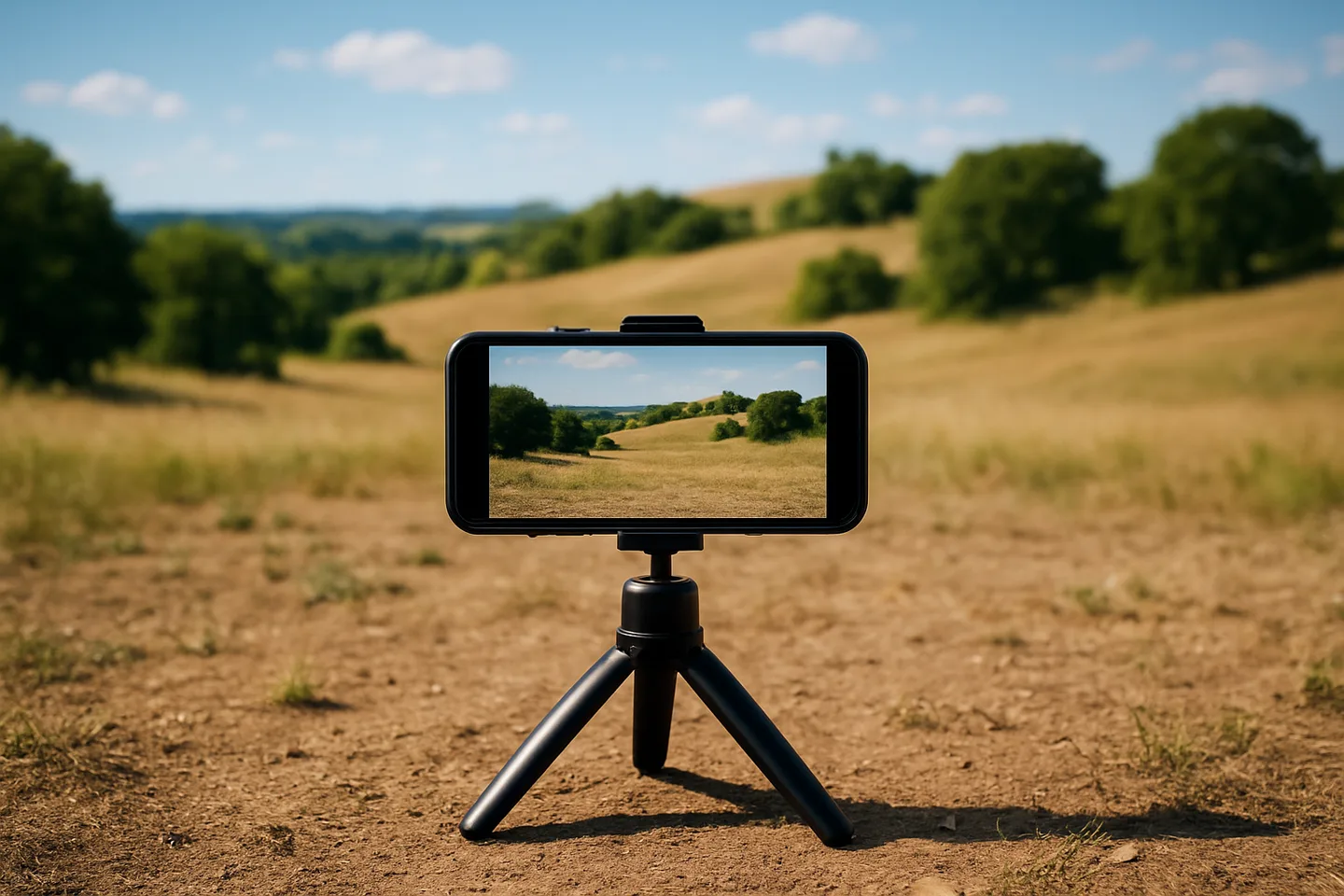 Smartphone on tripod photographing a vacant land parcel