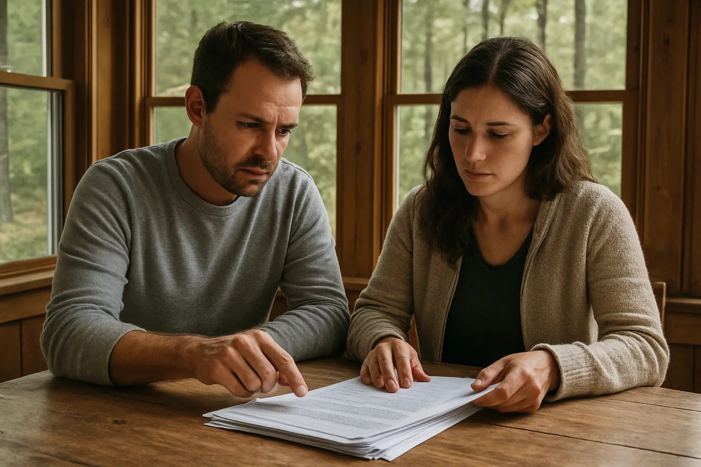 Two people reviewing land sale documents without a realtor
