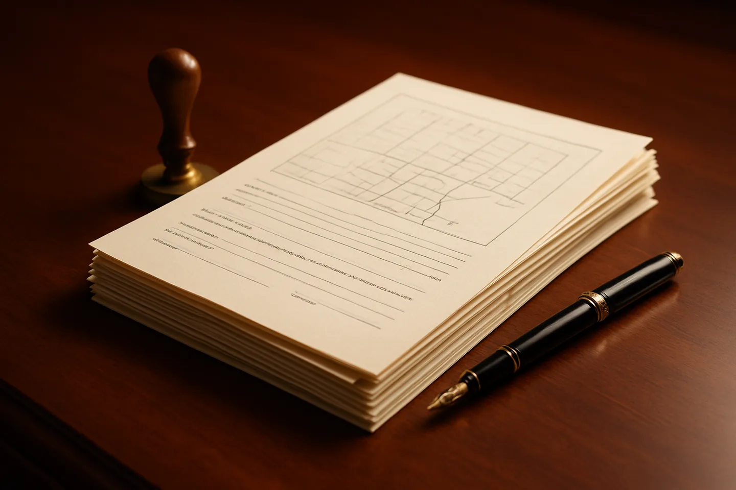 Legal land deed with notary stamp and fountain pen on desk