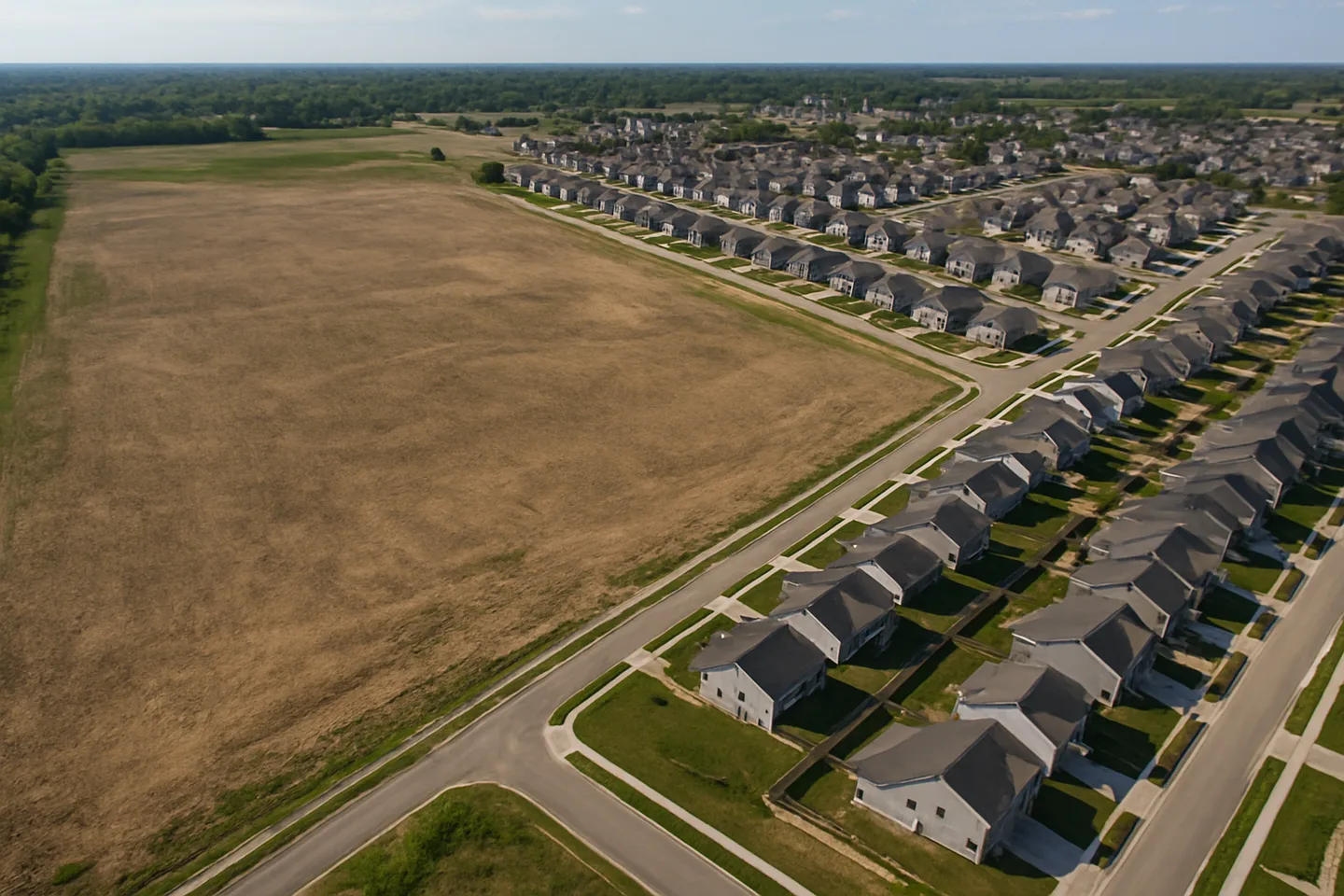 Aerial view of undeveloped land next to new construction