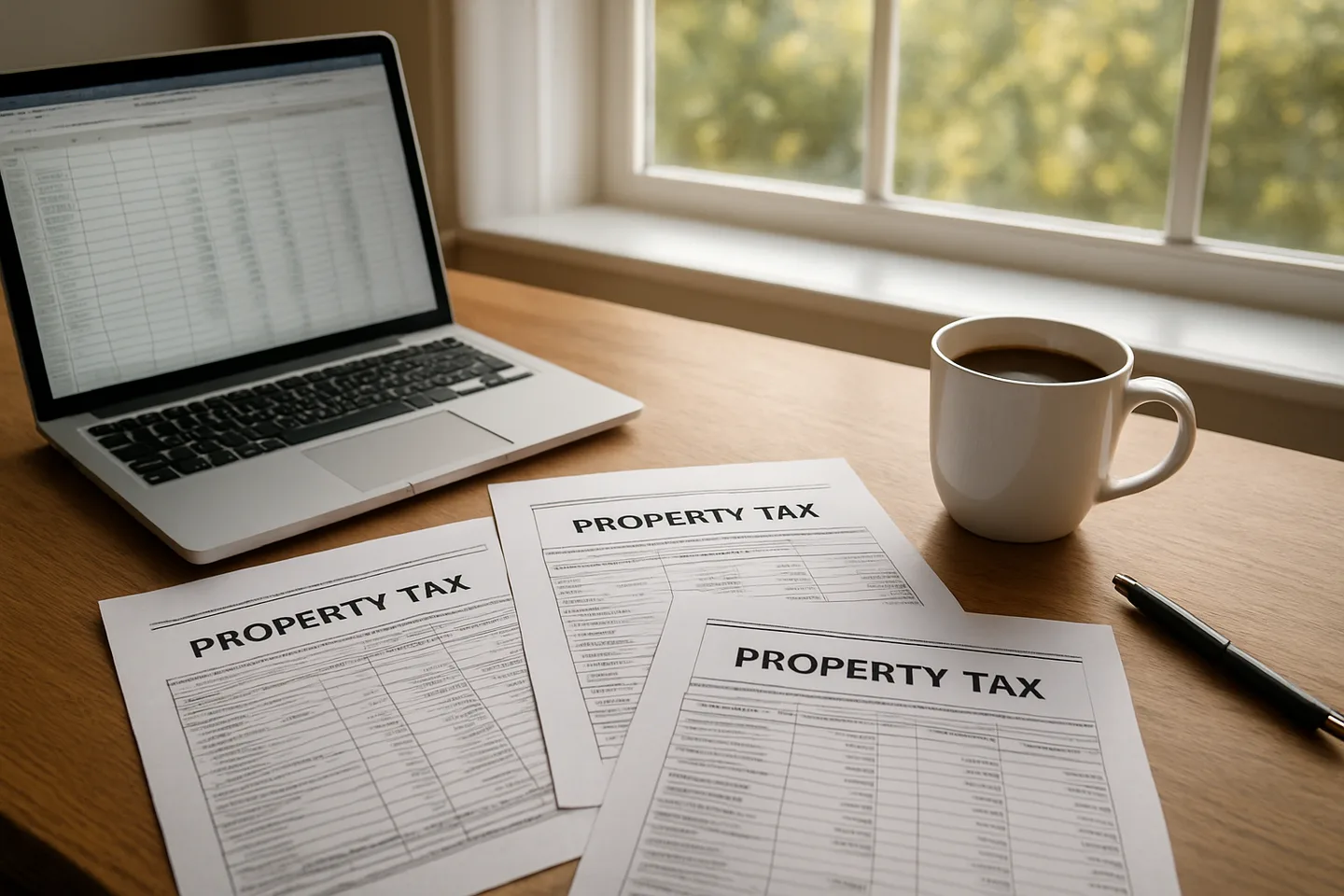 Property tax documents and laptop on a desk