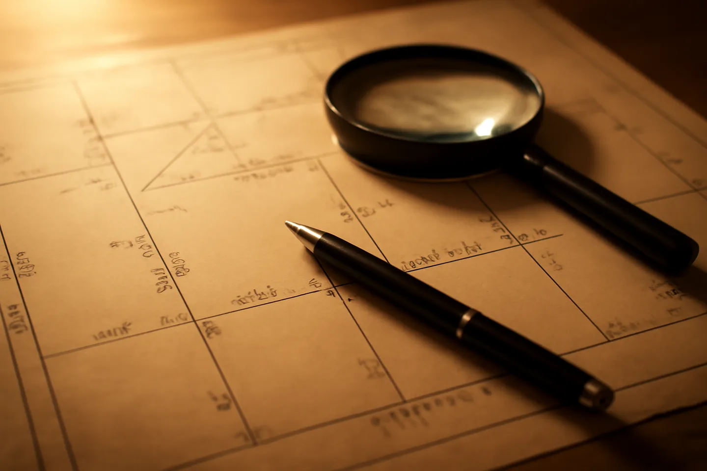 Property survey map and magnifying glass on a table