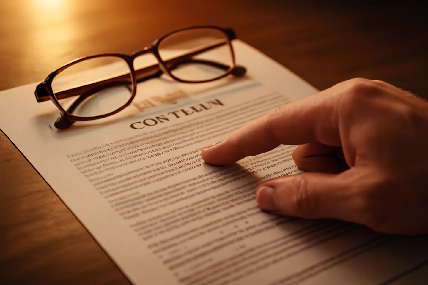 Hand pointing to a clause on a real estate contract