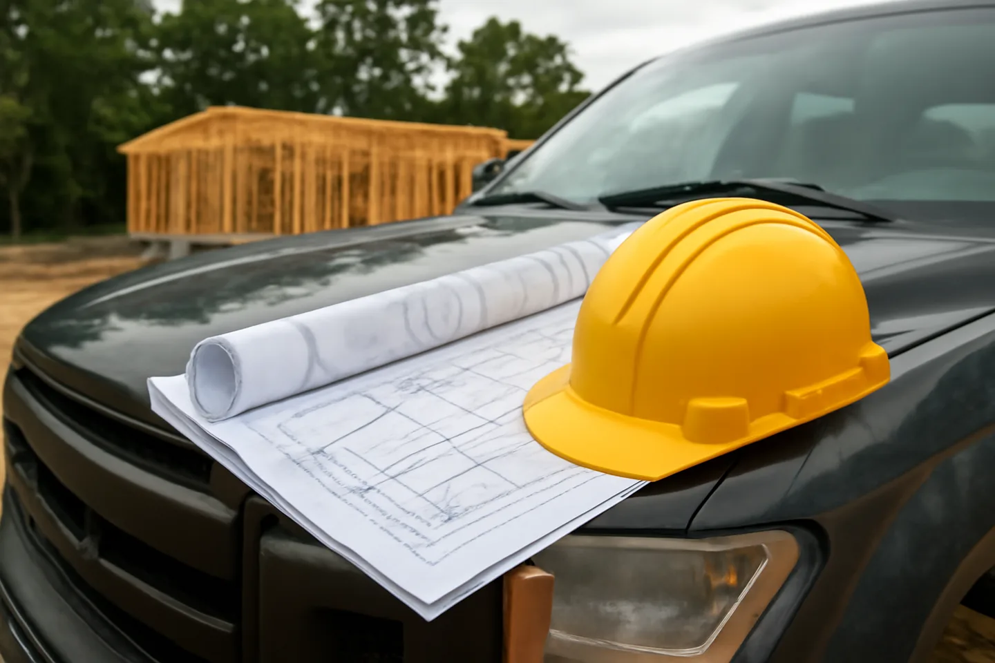 Blueprints and hard hat on a truck hood at a construction site