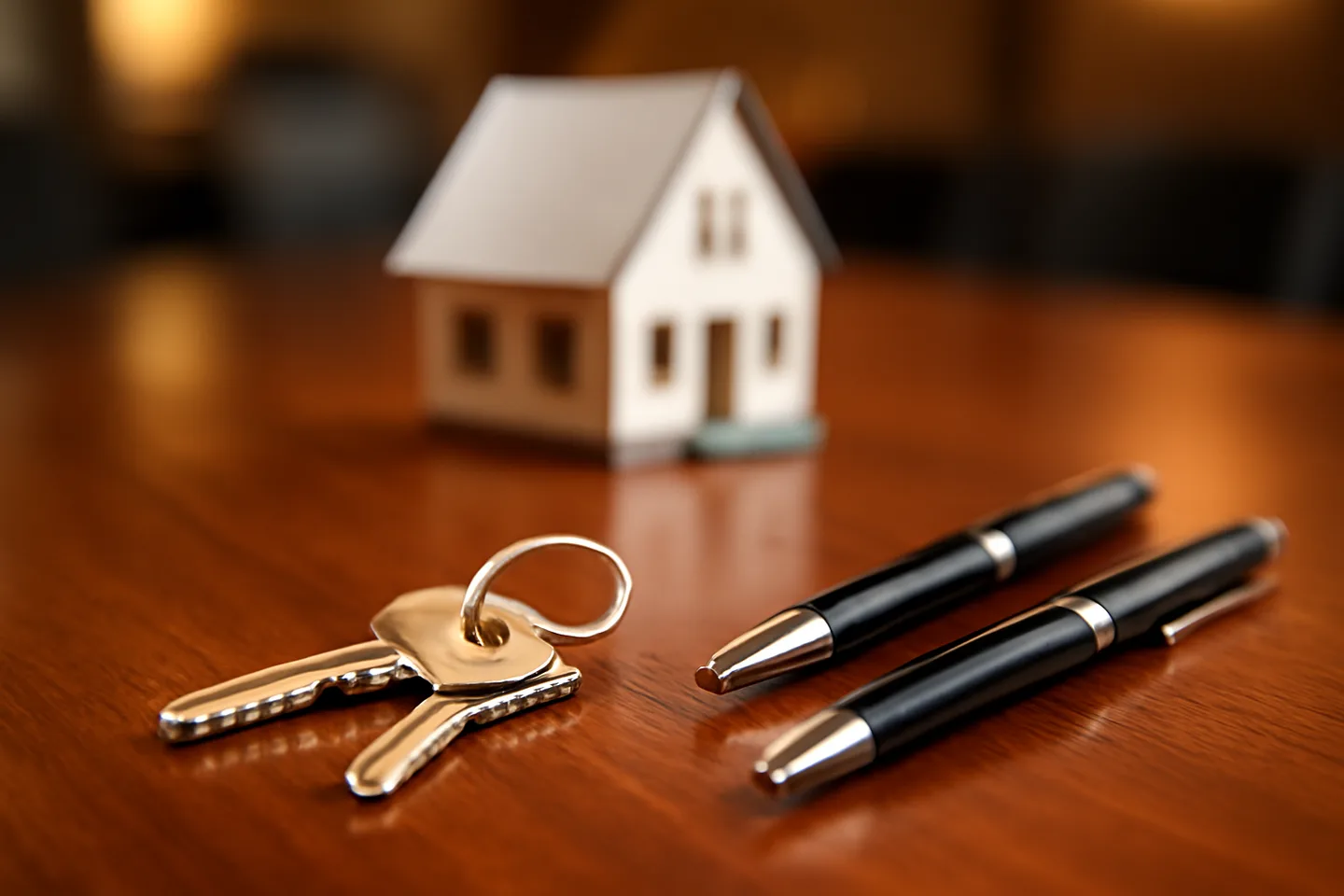 Property closing table with signed documents and keys from above