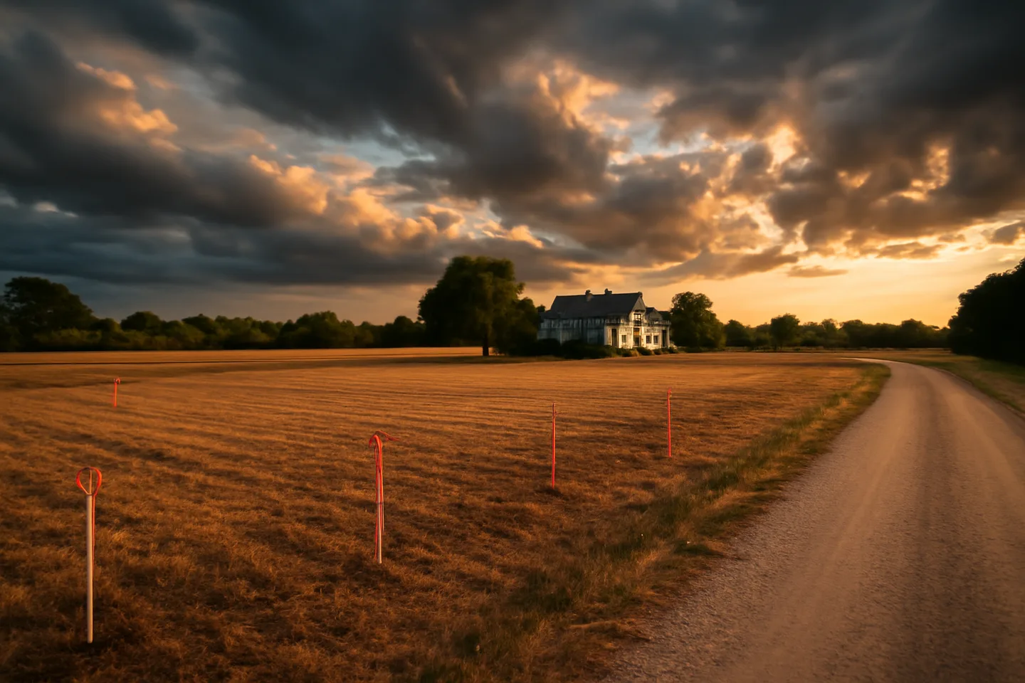 Rural property with survey stakes along a county road