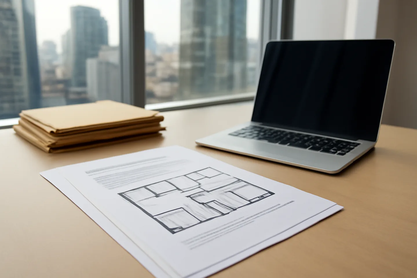 Professional office with property documents and city view